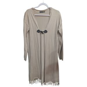 Women's duster length beige cardigan w/fringe trim and frog closure size XL